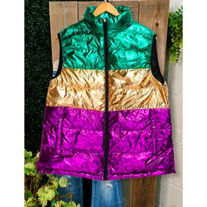 Mardi Gras Color Block Quilted Shiny Puffer Vest